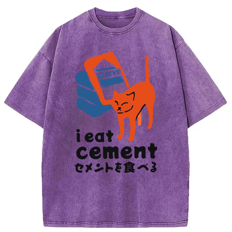 Modecanvas I Eat Cement Meme Cat Washed T-Shirt-modecanvas
