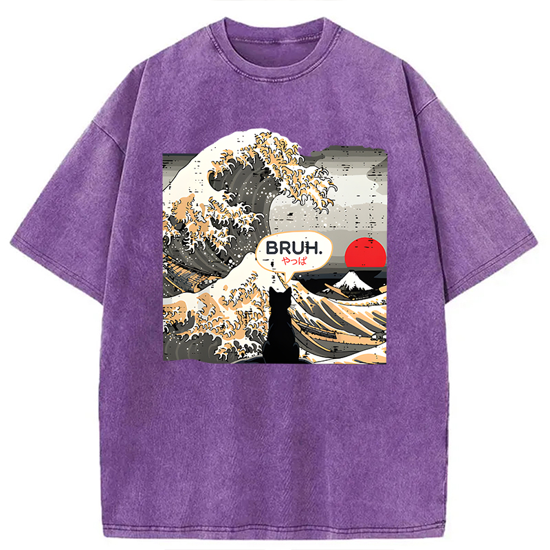 Modecanvas Bruh Cat Great Wave DTG Printing Washed T-Shirt
