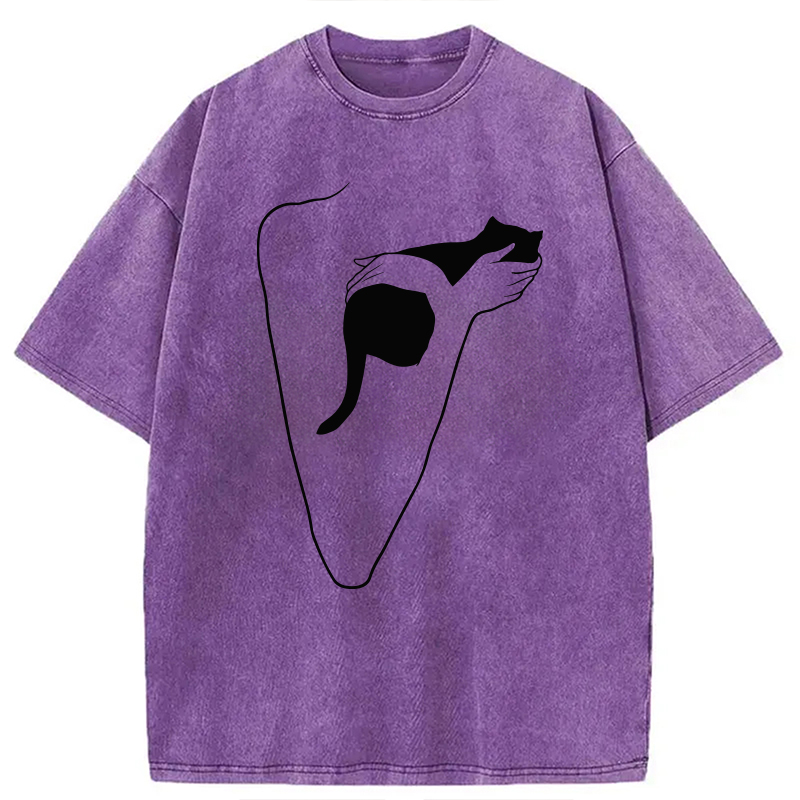Modecanvas Minimalist Art Cat Hug DTG Printing Washed T-Shirt