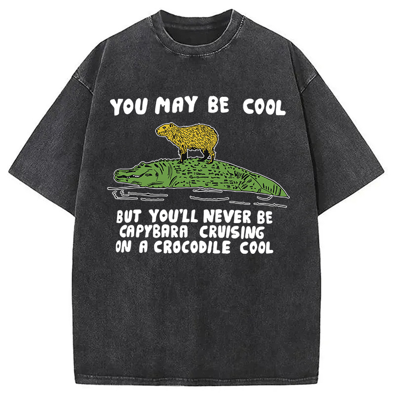 Modecanvas Funny Capybara Riding Crocodile DTG Printing Washed T-Shirt