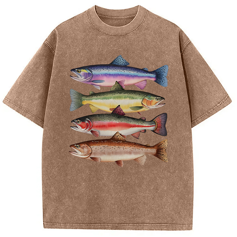 Modecanvas Colorful Rainbow Trout Fish DTG Printing Washed T-Shirt