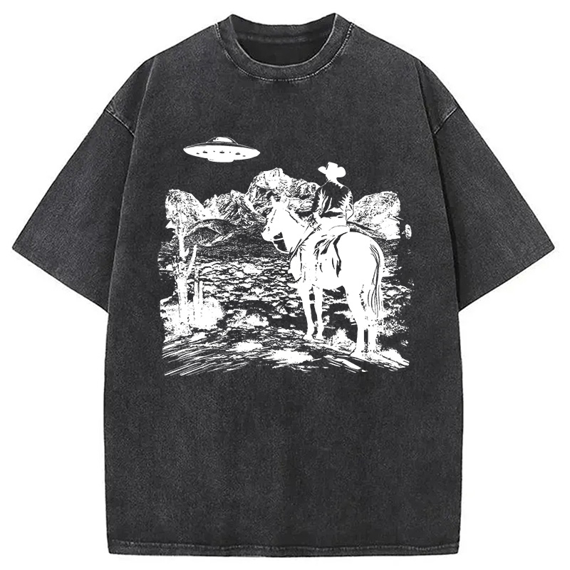 Modecanvas Ufo Western Vintage Cowboy DTG Printing Washed T-Shirt