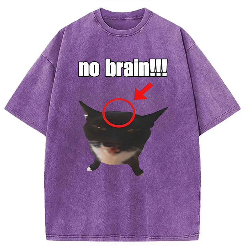 Modecanvas No Brain Cat DTG Printing Washed T-Shirt