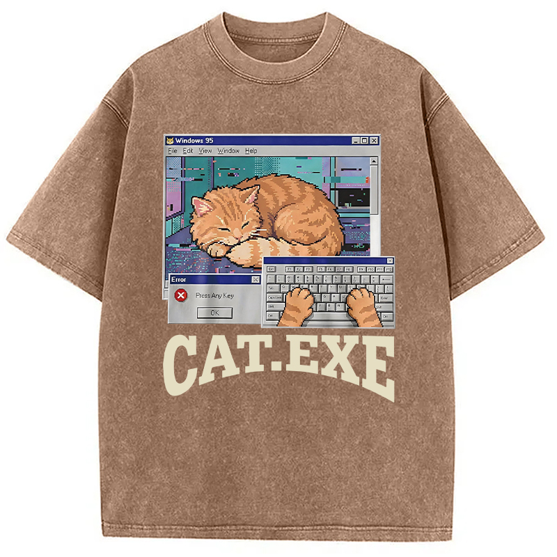 Modecanvas Cat Exe DTG Printing Washed T-Shirt-modecanvas