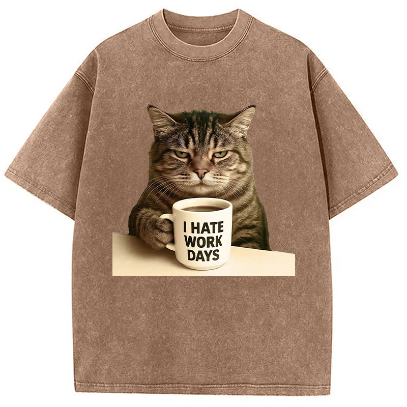 Modecanvas Grumpy Cat Coffee DTG Printing Washed T-Shirt-modecanvas