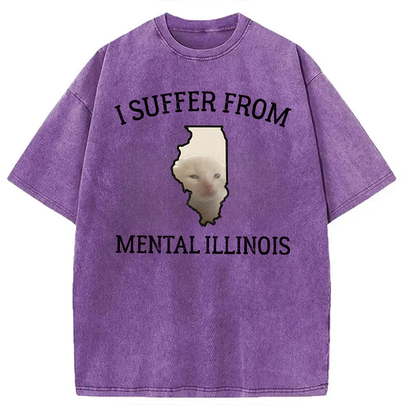 Modecanvas Mental Illinois Depressed Cat DTG Printing Washed T-Shirt-modecanvas