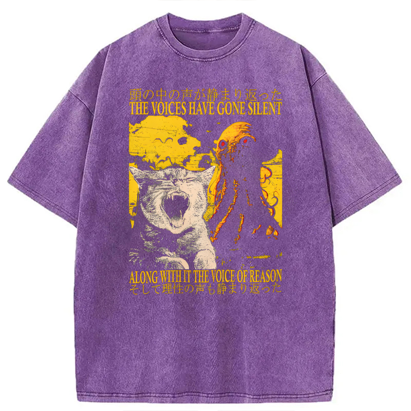 Modecanvas The Voices Have Gone Silent Cat Funny Washed T-Shirt-modecanvas