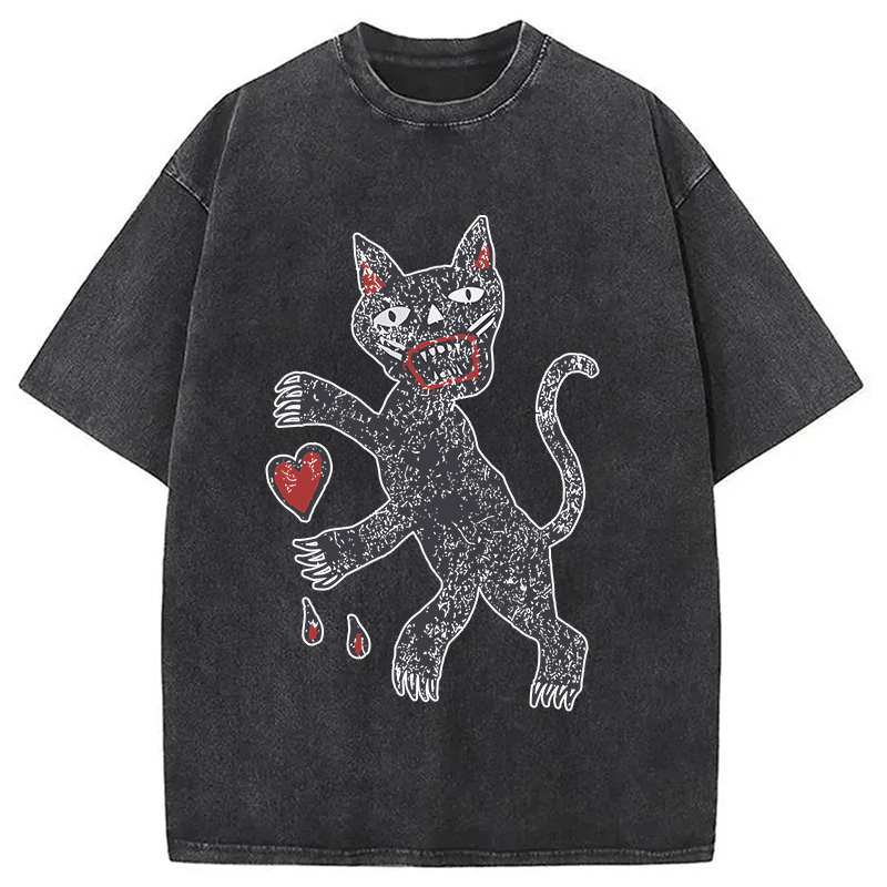 Modecanvas Black Cat Art DTG Printing Washed T-Shirt-modecanvas