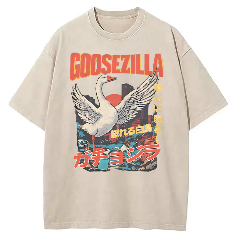 Modecanvas Goosezilla Funny Goose DTG Printing Washed T-Shirt-modecanvas