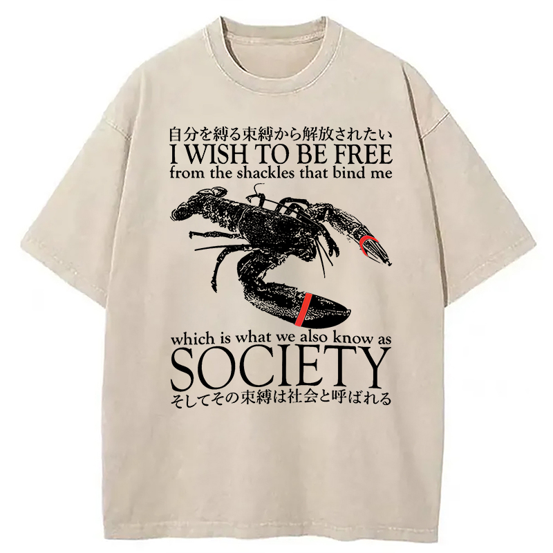 Modecanvas I Wish To Be Free Lobster DTG Printing Washed T-Shirt-modecanvas
