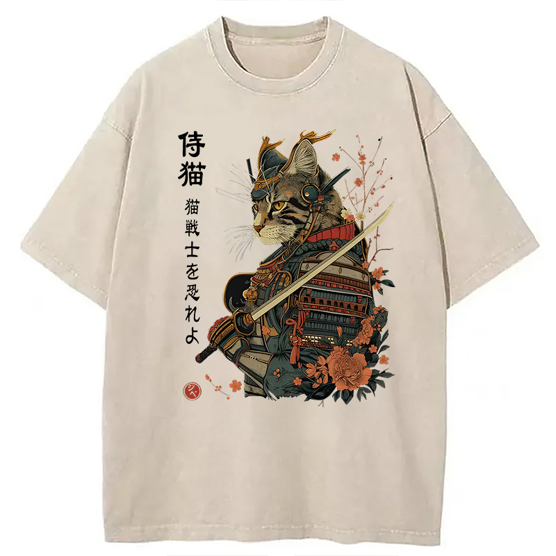 Modecanvas Samurai Cat Japanese Art DTG Printing Washed T-Shirt-modecanvas