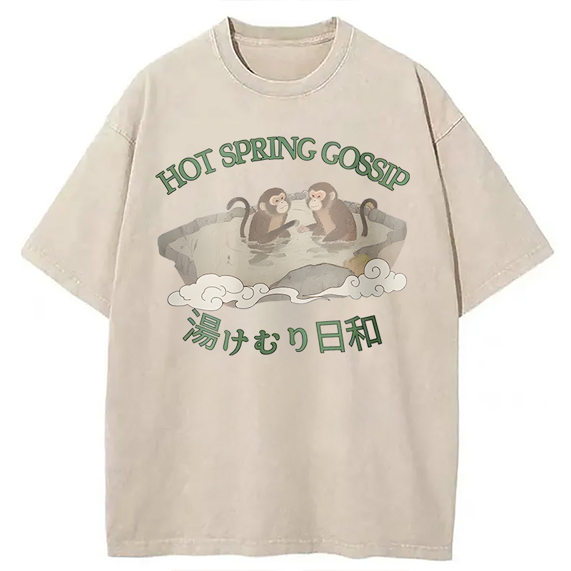 Modecanvas Japanese Monkey Hot Spring DTG Printing Washed T-Shirt-modecanvas