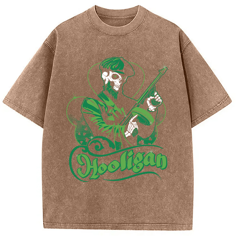 Modecanvas Hooligan Green Skeleton DTG Printing Washed T-Shirt-modecanvas