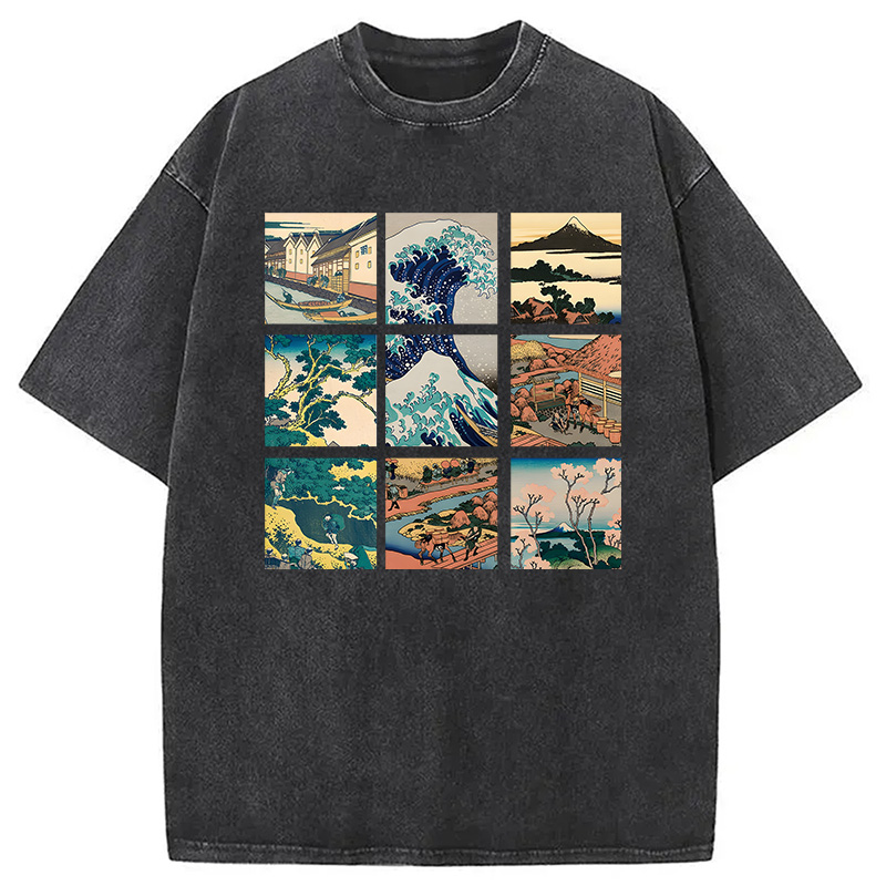 Modecanvas Thirty Six Views Of Mount Fuji DTG Printing Washed T-Shirt-modecanvas