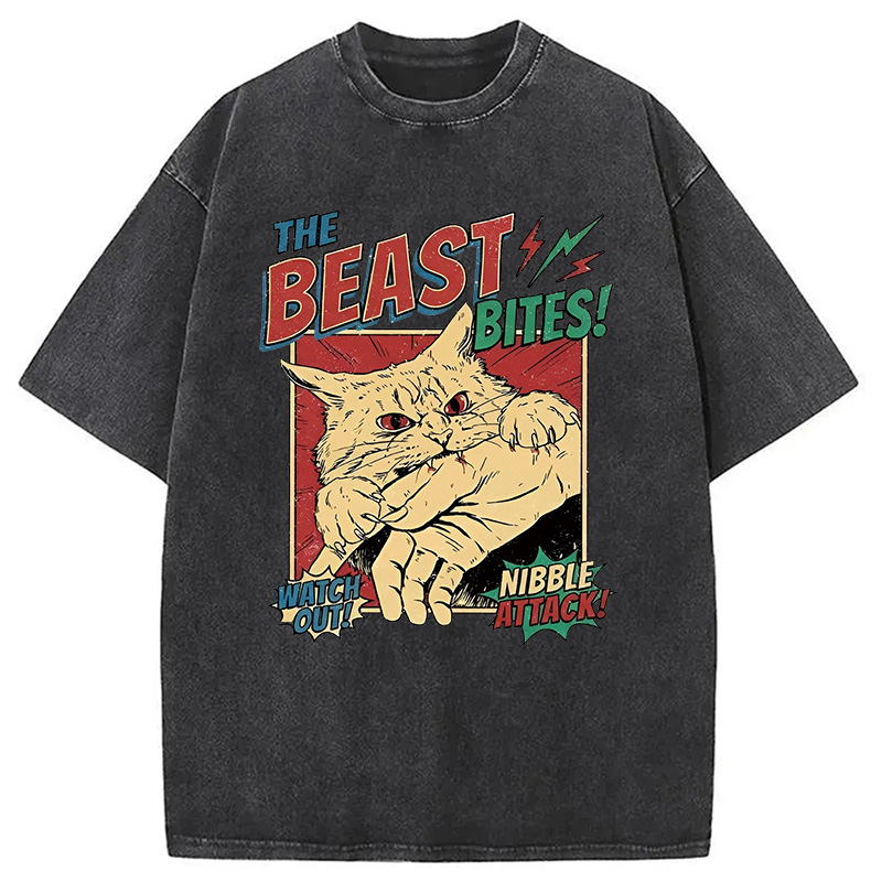 Modecanvas Vintage Horror Cat Bite DTG Printing Washed T-Shirt-modecanvas