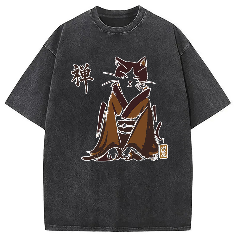 Modecanvas Zen Cat Kimono DTG Printing Washed T-Shirt-modecanvas