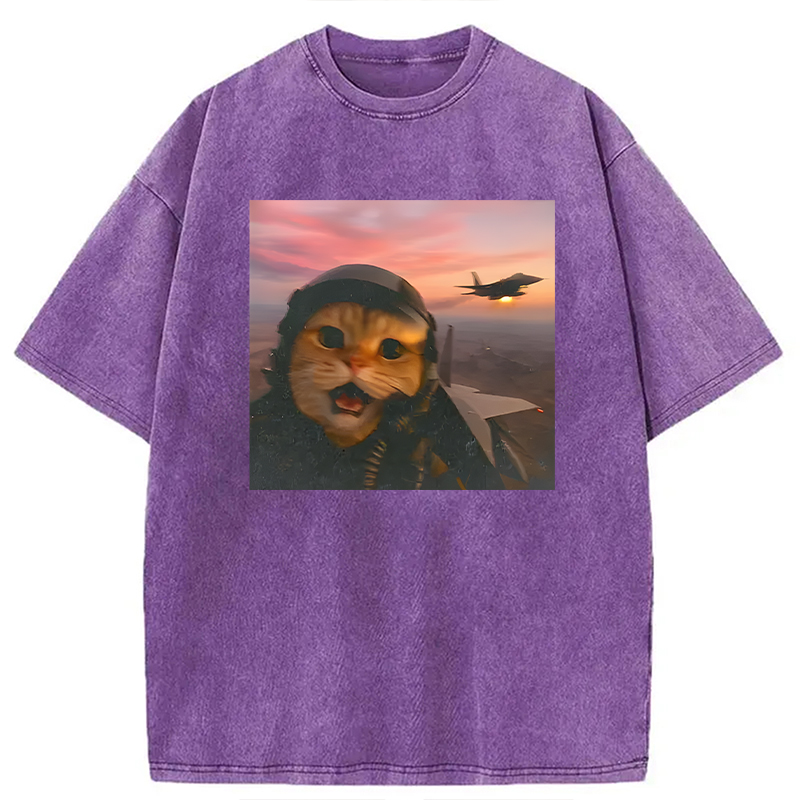 Modecanvas Funny Fighter Pilot Cat DTG Printing Washed T-Shirt
