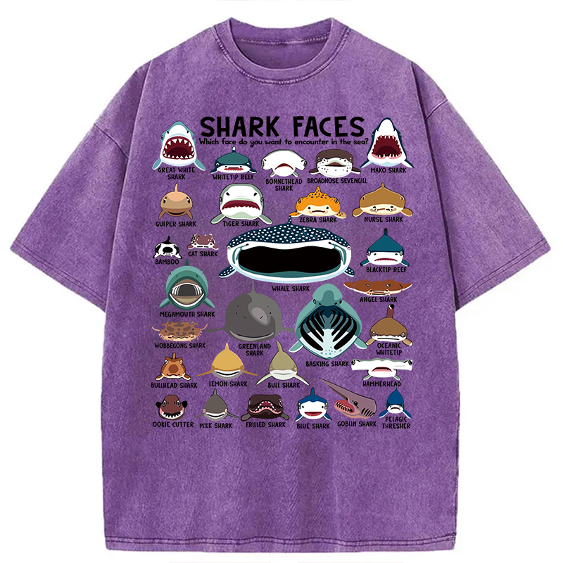 Modecanvas Shark Faces Marine Sea Life DTG Printing Washed T-Shirt