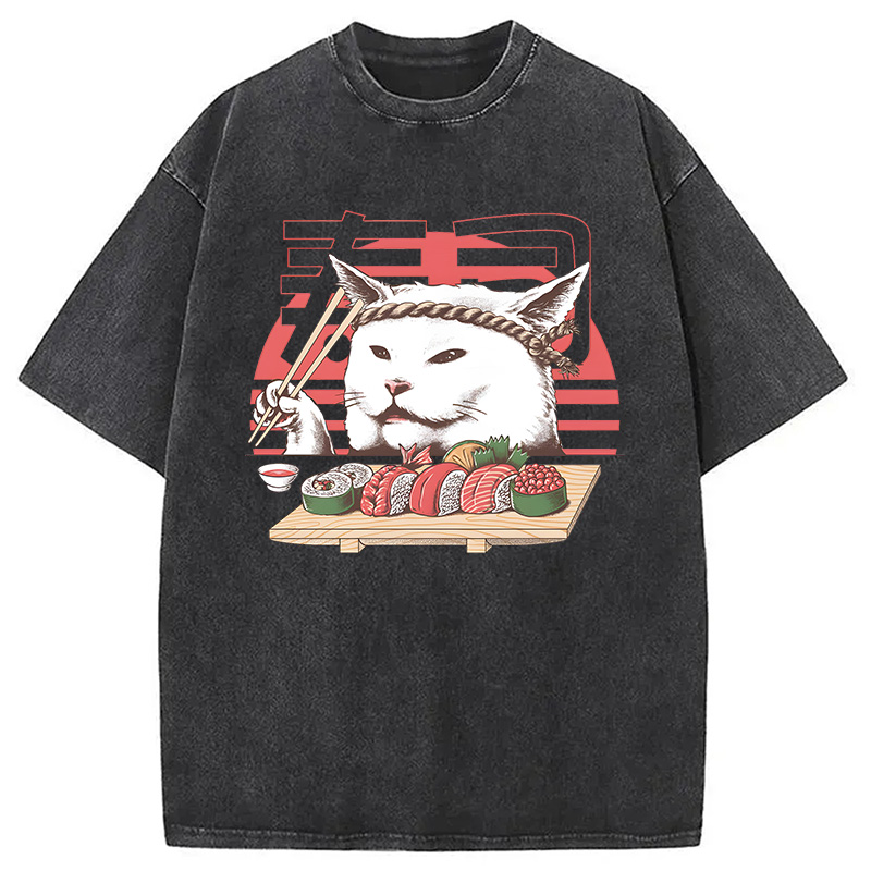 Modecanvas Smudge Happy Cat DTG Printing Washed T-Shirt