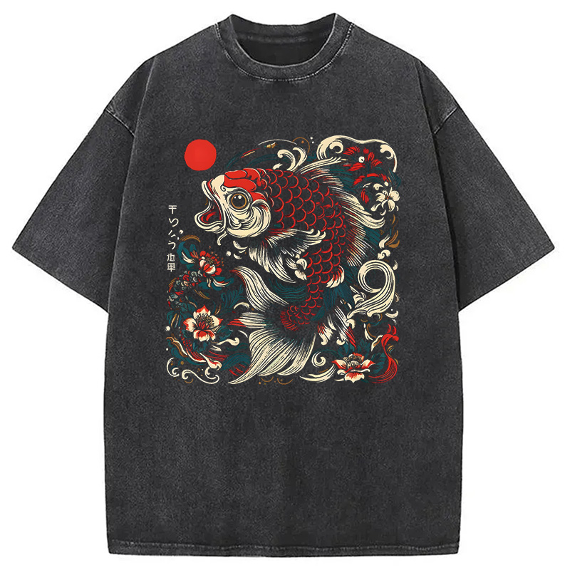 Modecanvas Japanese Koi Fish DTG Printing Washed T-Shirt