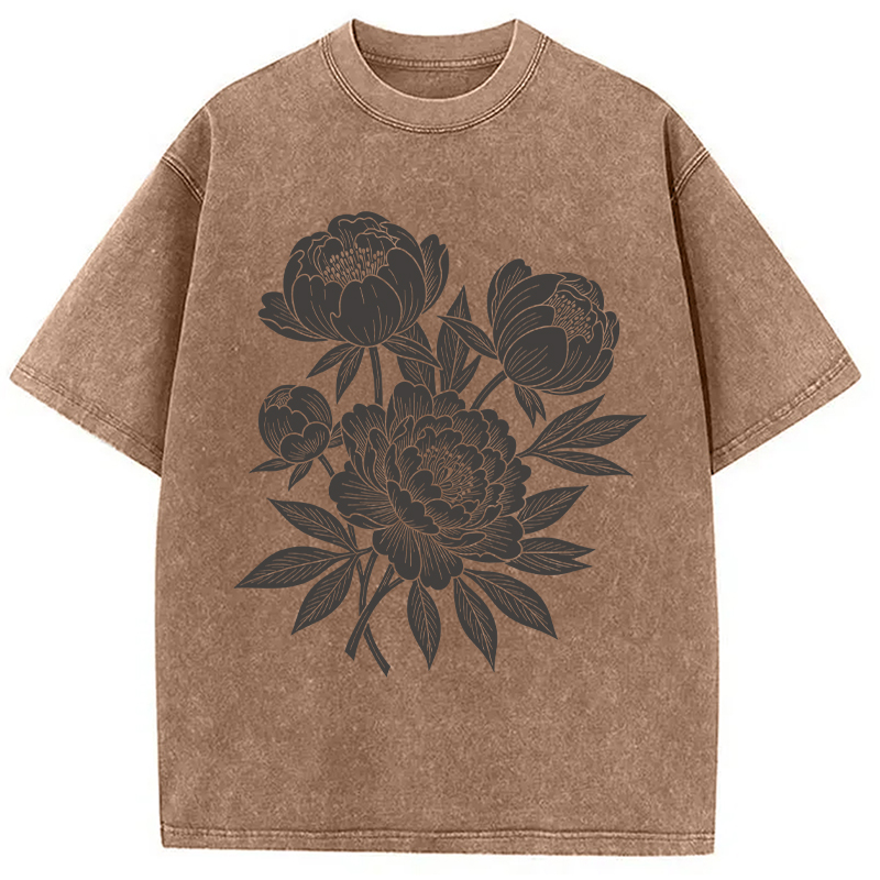 Modecanvas Linocut Floral DTG Printing Washed T-Shirt