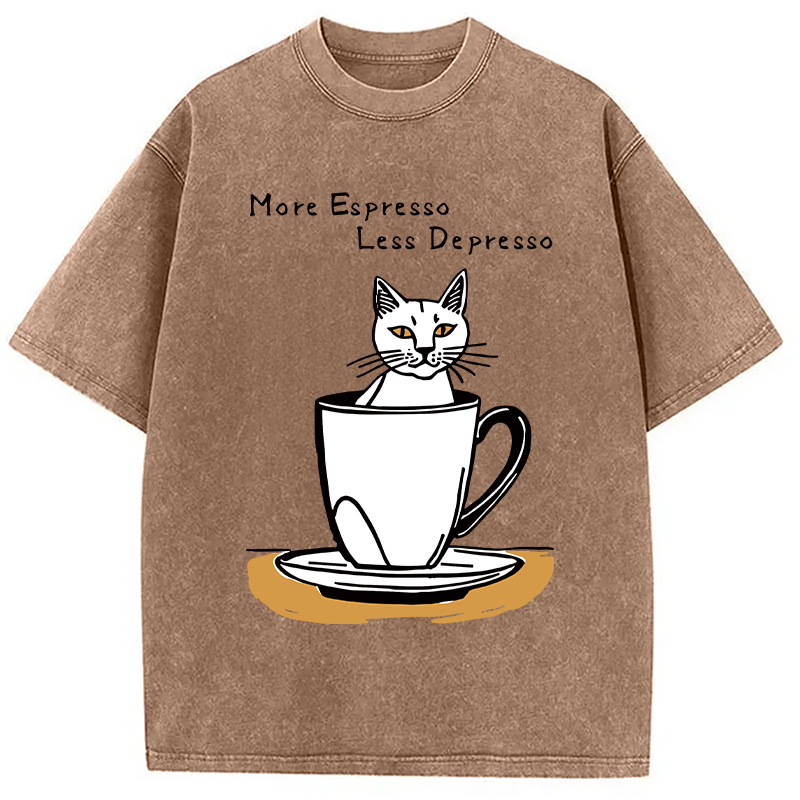 Modecanvas More Espresso Coffee Cat DTG Printing Washed T-Shirt