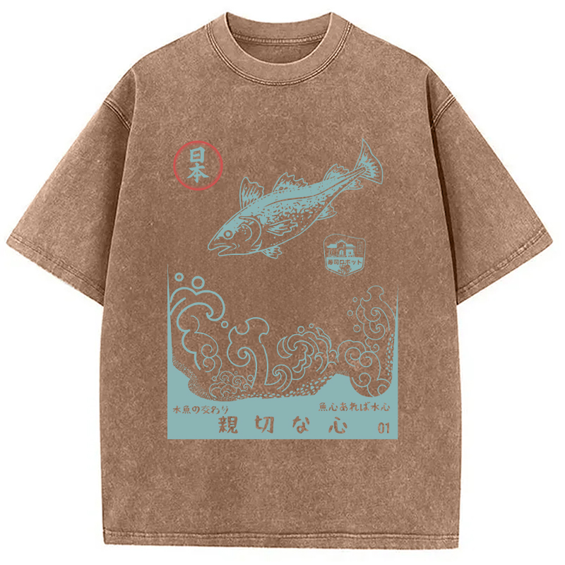 Modecanvas Japanese Fish Vintage Ukiyo-e Wave DTG Printing Washed T-Shirt