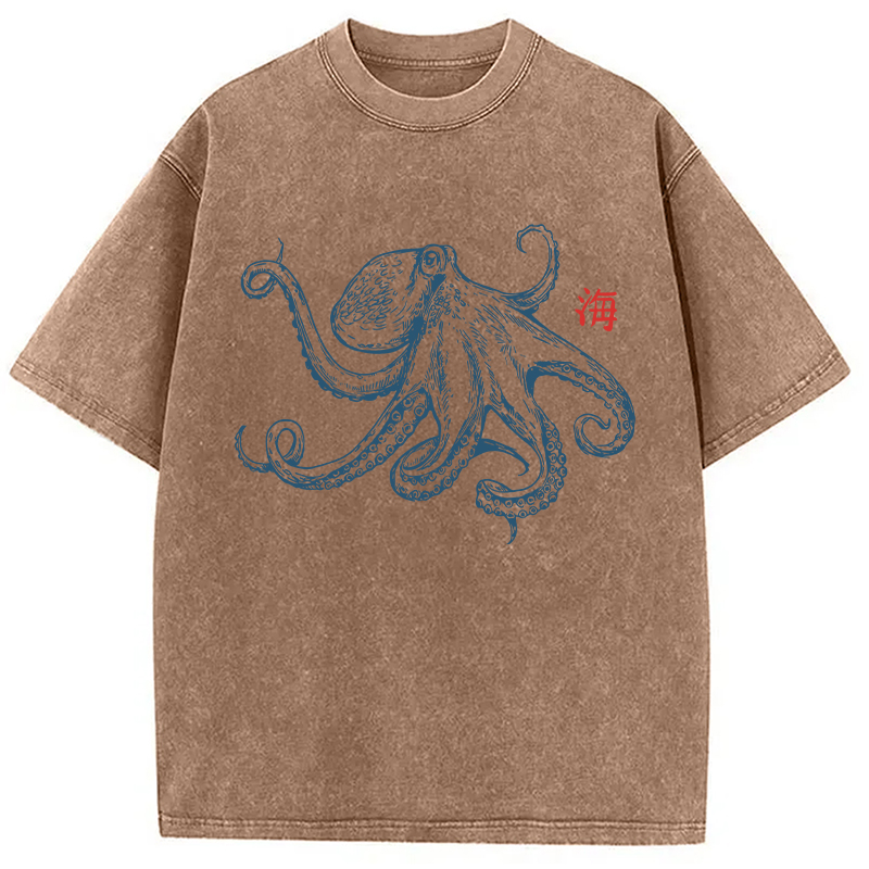 Modecanvas Octopus Retro Japanese DTG Printing Washed T-Shirt