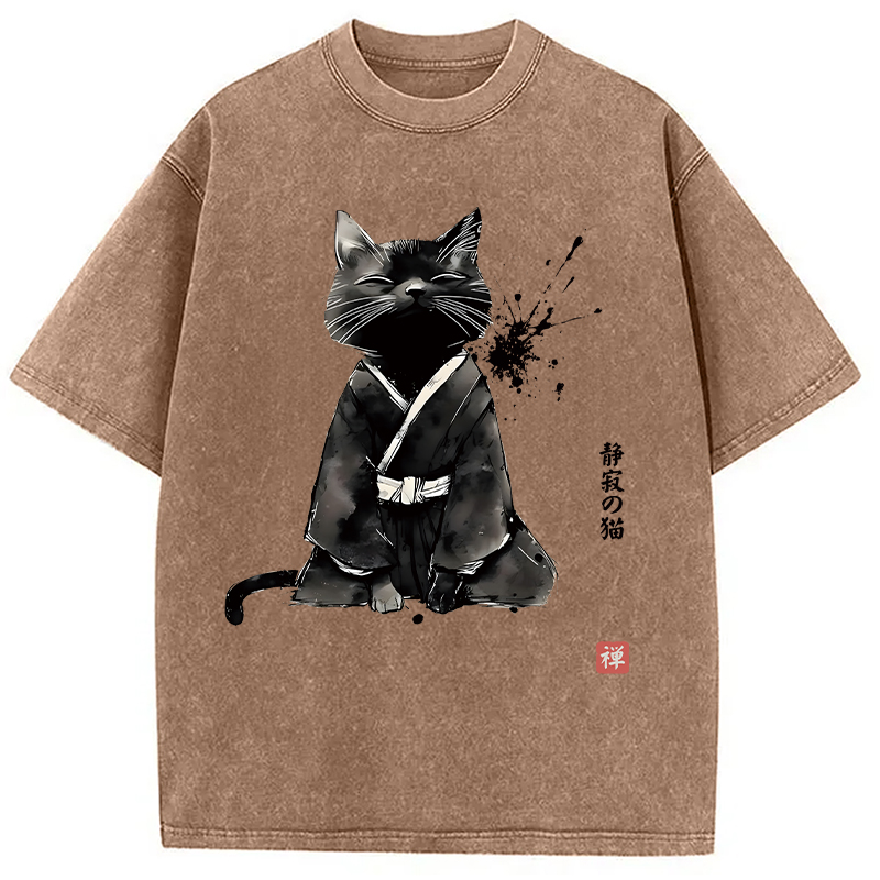 Modecanvas Zen Cat Japanese DTG Printing Washed T-Shirt