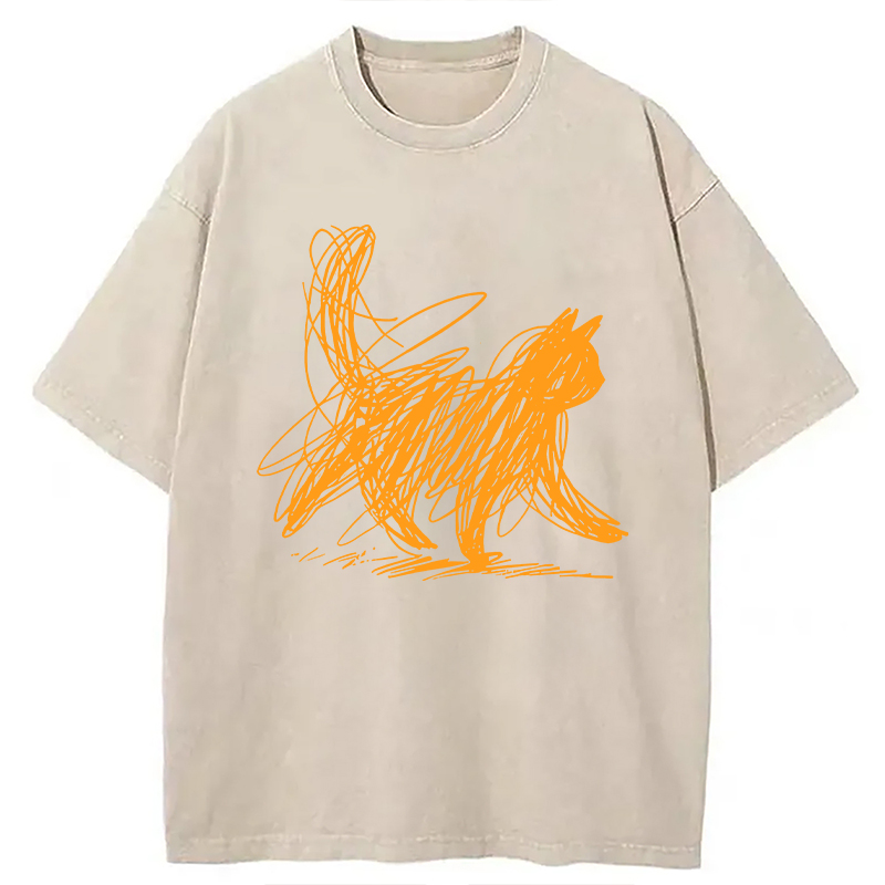 Modecanvas Scribble Cat Minimal Washed T-Shirt-modecanvas