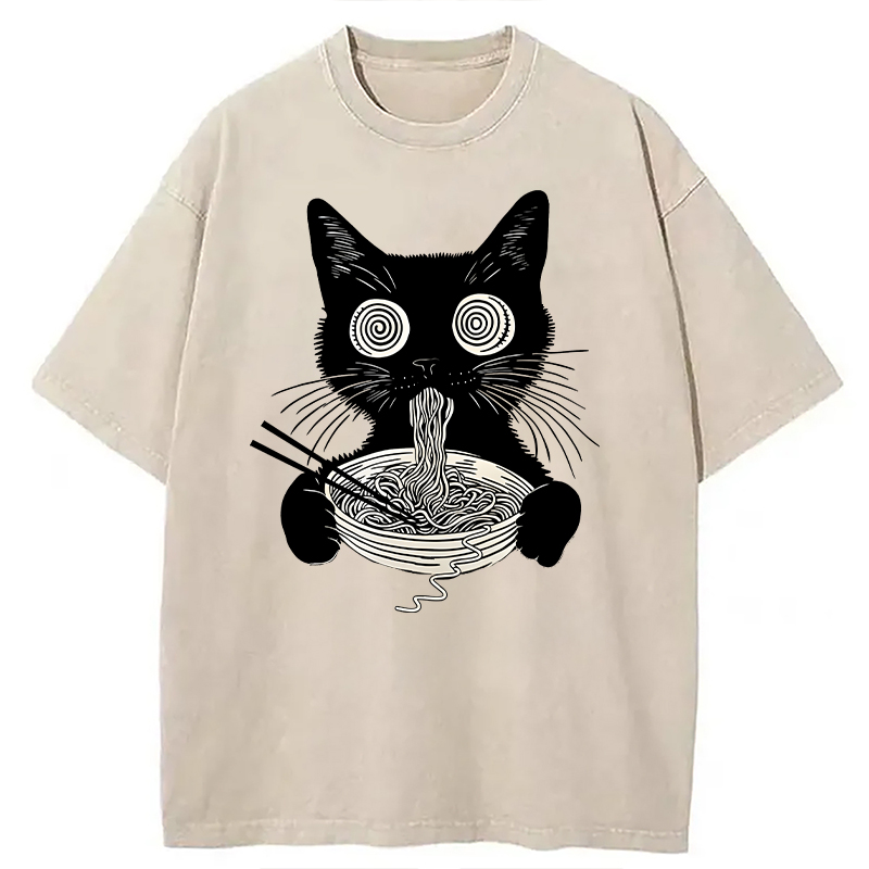Modecanvas Psychedelic Ramen Cat DTG Printing Washed T-Shirt