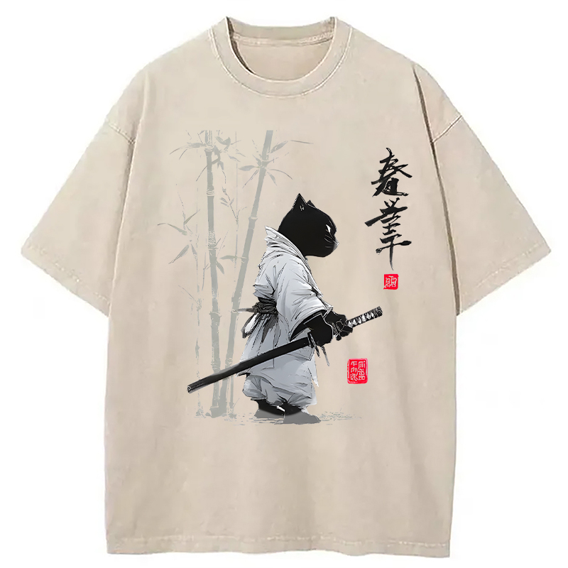 Modecanvas Samurai Cat Japanese Kanji DTG Printing Washed T-Shirt