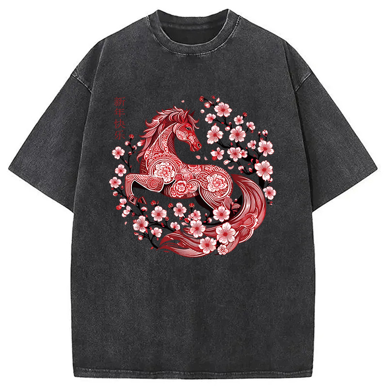 Modecanvas Chinese Horse New Year DTG Printing Washed T-Shirt