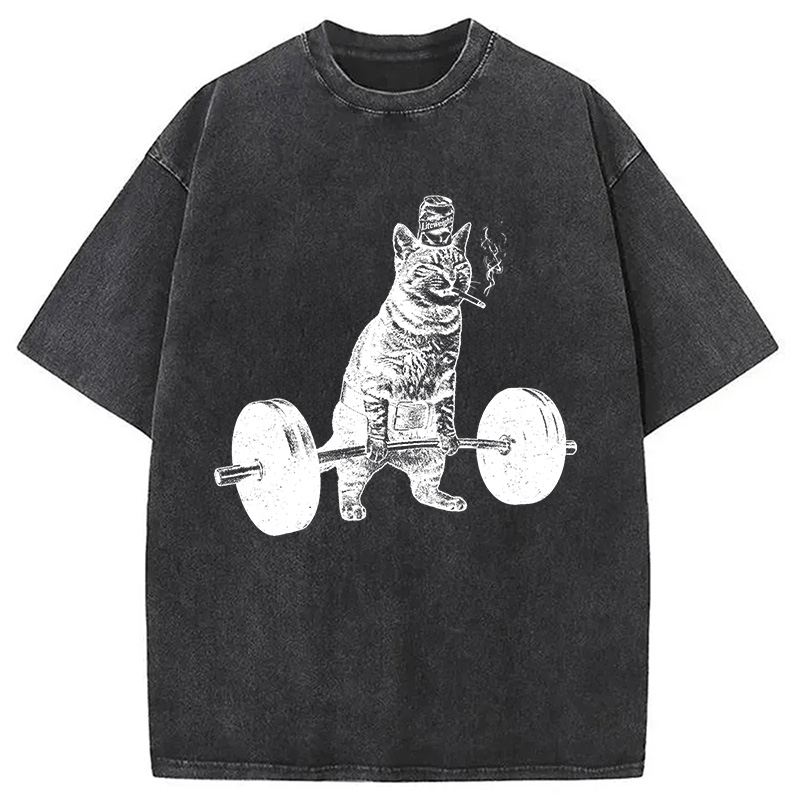 Modecanvas Funny Deadlift Cat Washed T-Shirt-modecanvas