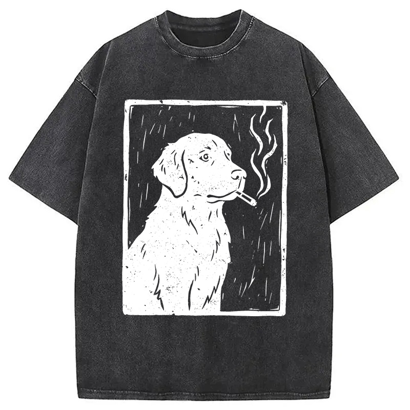 Modecanvas Smoking Labrador Linocut DTG Printing Washed T-Shirt