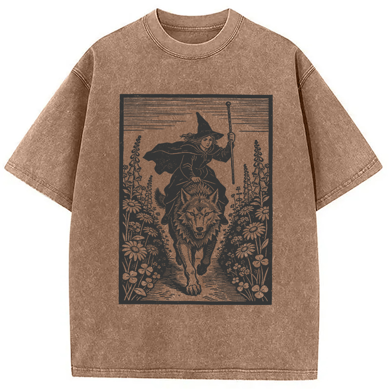 Modecanvas Witch Riding Wolf DTG Printing Washed T-Shirt