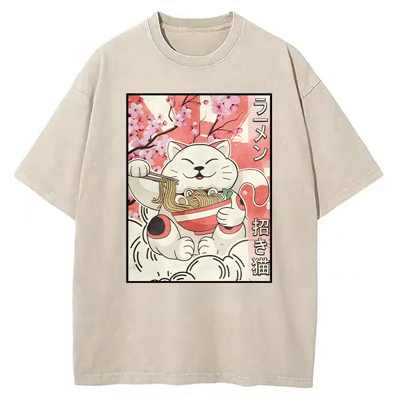 Modecanvas Japanese Noodles Maneki Neko Cat Ramen Meme DTG Printing Washed T-Shirt