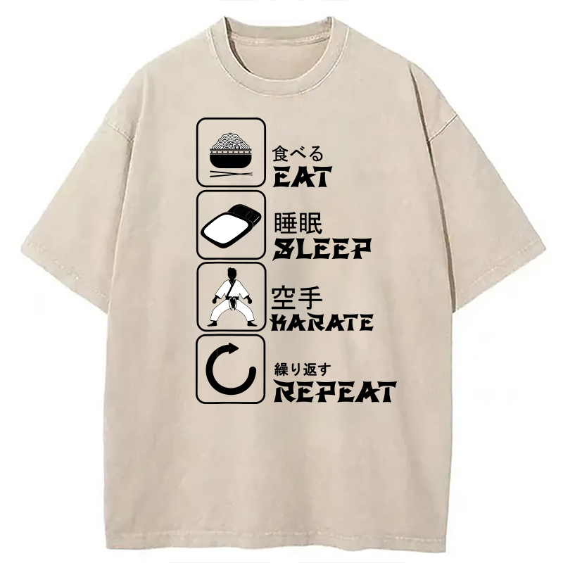 Modecanvas Eat Sleep Karate Repeat Meme DTG Printing Washed T-Shirt