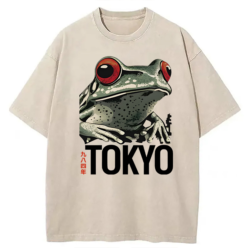 Modecanvas Retro Tokyo Frog DTG Printing Washed T-Shirt