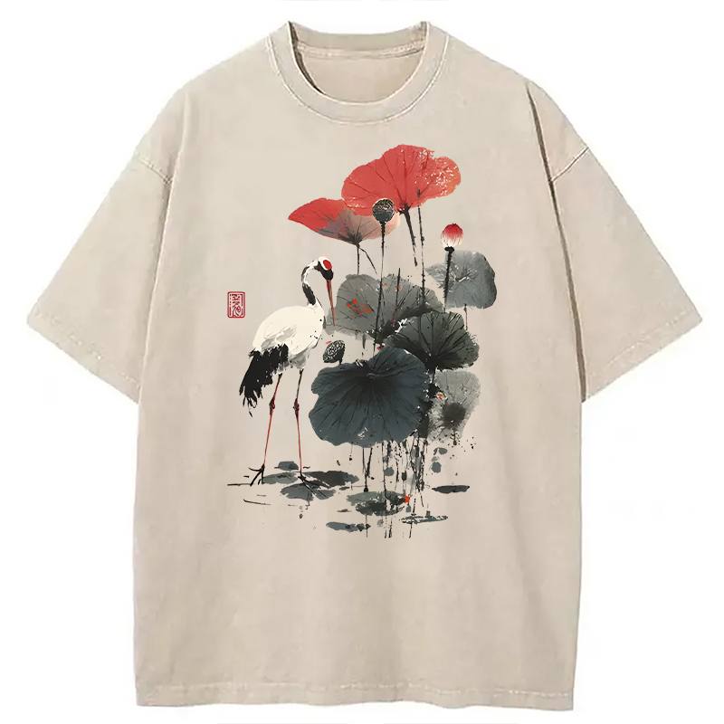 Modecanvas White Crane Among Lotus DTG Printing Washed T-Shirt