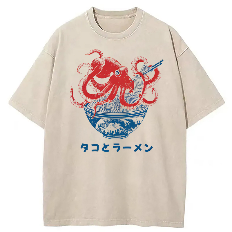 Modecanvas Octopus Eating Ramen DTG Printing Washed T-Shirt