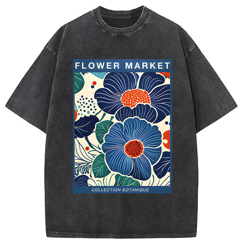 Modecanvas Blue Flowers Botanical Art DTG Printing Washed T-Shirt