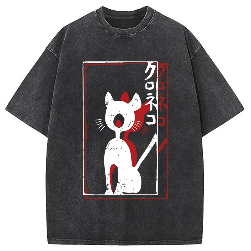Modecanvas Japanese Retro Black Cat Poster DTG Printing Washed T-Shirt