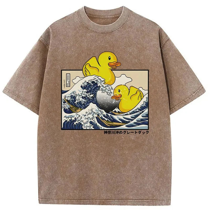 Modecanvas Ukiyoe Waves And Cute Yellow Duck Washed T-Shirt-modecanvas