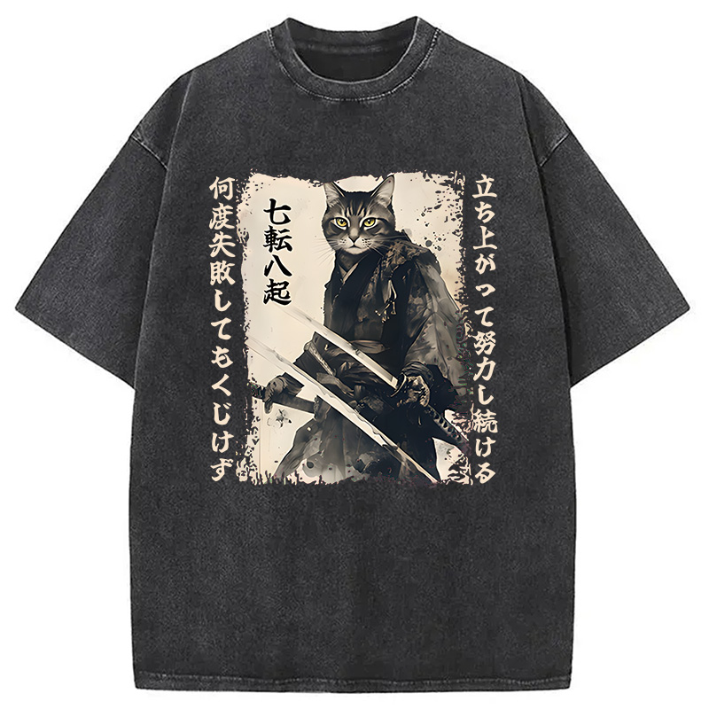 Modecanvas Samurai Japanese Cat DTG Printing Washed T-Shirt