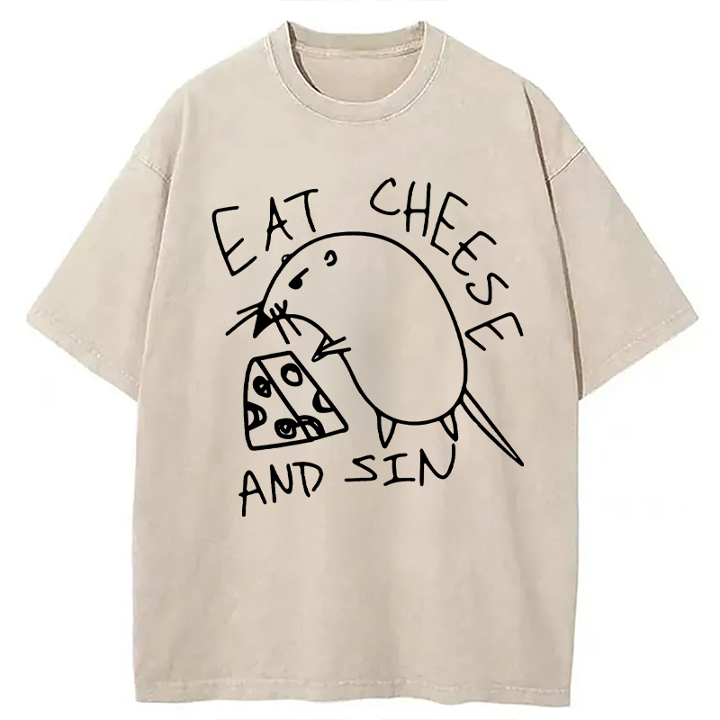 Modecanvas Eat Cheese And Sin Meme Washed T-Shirt-modecanvas