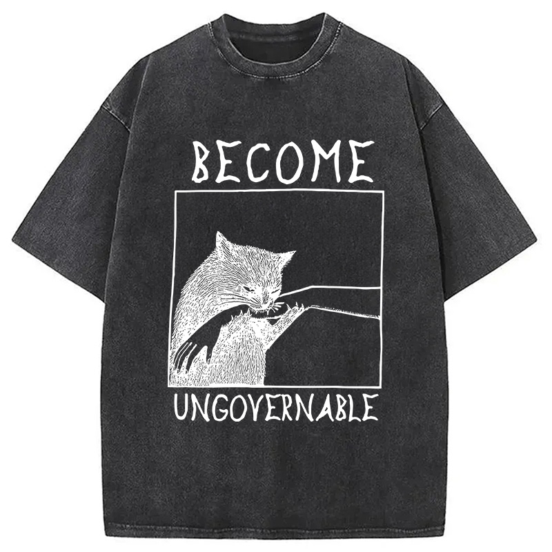 Modecanvas Cat Biting Arm Washed T-Shirt-modecanvas