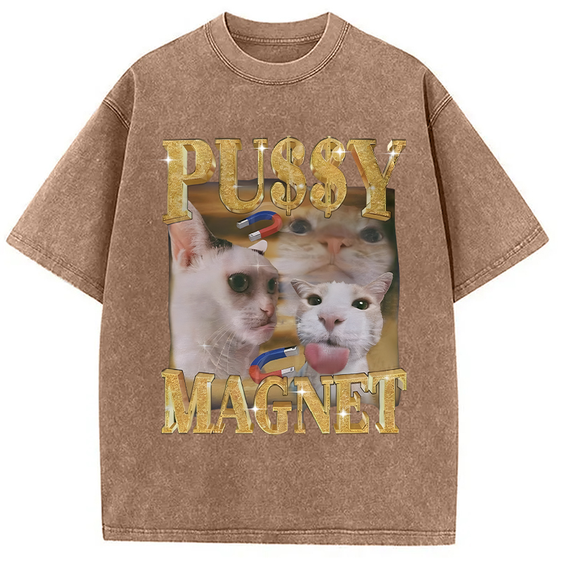 Modecanvas Ironic PUSSY MAGNET Cat Meme DTG Printing Washed T-Shirt