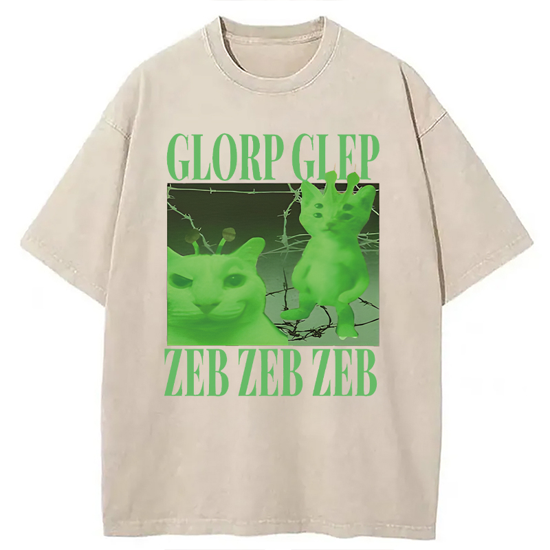 Modecanvas Green Alien Cat Meme DTG Printing Washed T-Shirt
