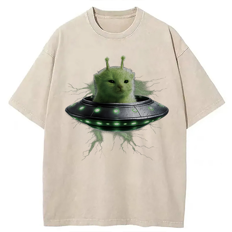 Modecanvas UFO Alien Cat DTG Printing Washed T-Shirt